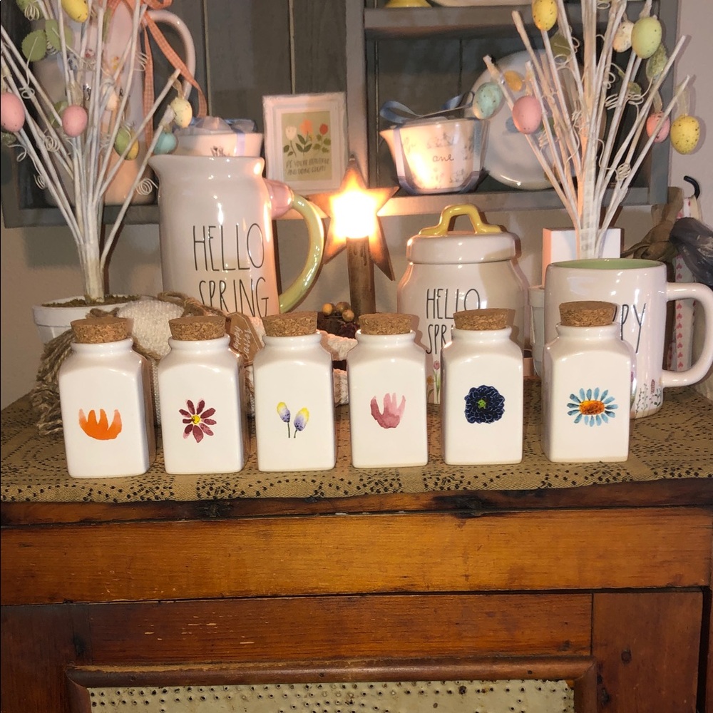 Rae Dunn Cream Ceramic Spice Jars with Colorful Floral Accents